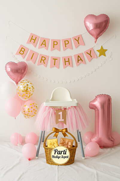 parti hediye sepeti Pembe Gold 1 Yaş Doğum Günü Balon Seti | Kalp Folyo + Hap...