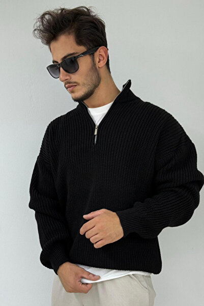 thesunfyre Pulover tricotat pentru bărbați, oversize, cu jumătate de fermoar,...