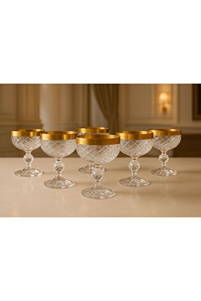 BOHEMİA CRYSTAL Bohemia Cut Ice Cream Bowl / Set of 6 - Plain Matte Gold - 250 ml
