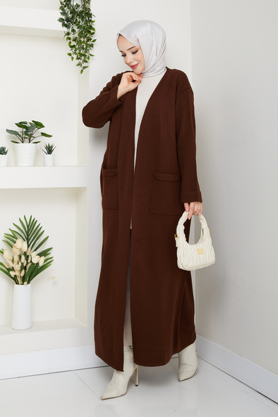 Pamuk Butik كارديجان نسائي طويل من التريكو مع جيوب من نسيج الفولاذ