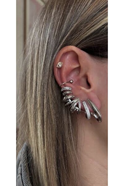 AychaAksesuar Çelik vip seri gümüş renk tek delik çoklu görünüm kıkırdağa sıkıştırmalı kıkırdak küpe earcuff