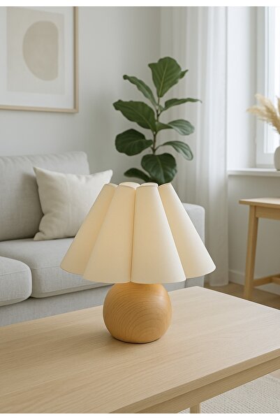 burenze Modern Madame Fico Abajur Ekru Kumaş Ahşap Detaylı Masa Lambası