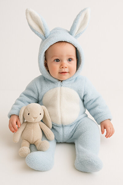AKİ MODA KİDS Tavşan kulaklı peluş patikli fermuarlı erkek bebek tulum Kış ka...