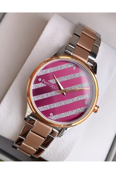 Ferrucci Women's Wristwatch -Steel Case -Steel Band- Burgundy Dial- Original-With Gift Bracelet