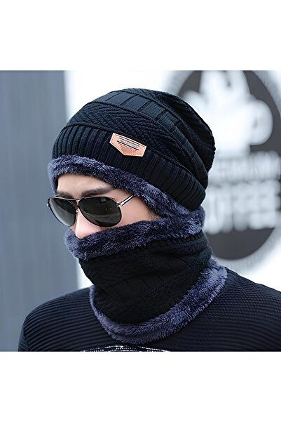 scraf مجموعة قبعات شتوية محبوكة للرجال والنساء، وشاح طويل، قبعة للرقبة، قفازات دافئة باللون الأسود،