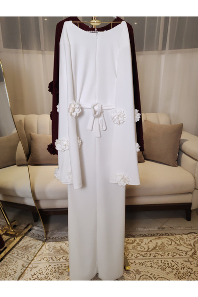 Nice Model Elegant Floral Embellished Wrap Dress with Belt Long Sleeve Evening Gown for Special Occasions