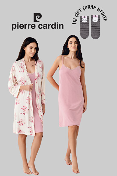 Pierre Cardin Kadın 2'li Lisanslı Yumuşak Doku Gecelik & Sabahlık Takım 2 Çift Çorap Hediye