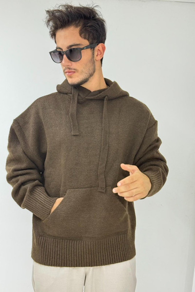 thesunfyre Мъжка тъмнокафява пуловер с качулка и кенгуру джобове