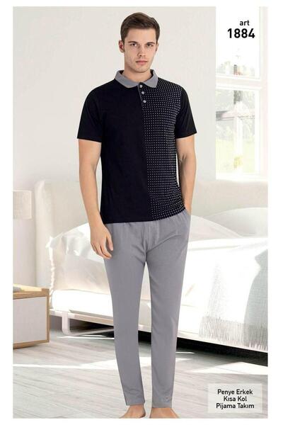 VAJESTO Ανδρικό μαύρο βαμβακερό κοστούμι πιτζάμα με κουμπιά με γιακά με τσέπε...