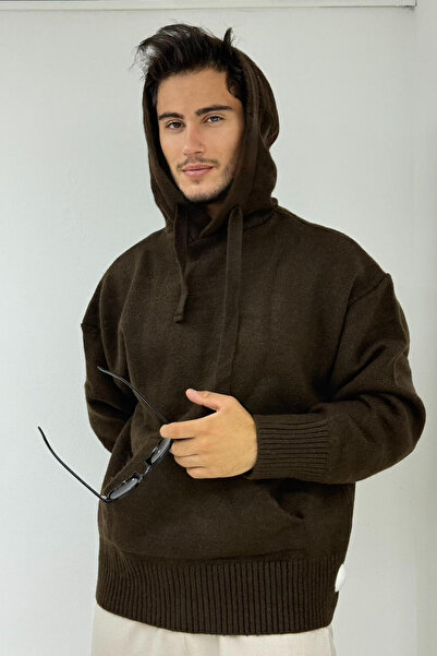 thesunfyre Мъжка тъмнокафява пуловер с качулка и кенгуру джобове