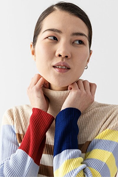 Noi Belis Slim Fit Turtleneck Color Block Knitwear Sweater Aw25Kz0062