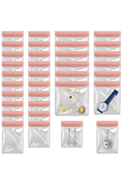 Generic 30 قطعة من أكياس المجوهرات المقاومة للتشويه - أكياس تخزين بلاستيكية شفافة قابلة لإعادة الإغلاق باللون الوردي