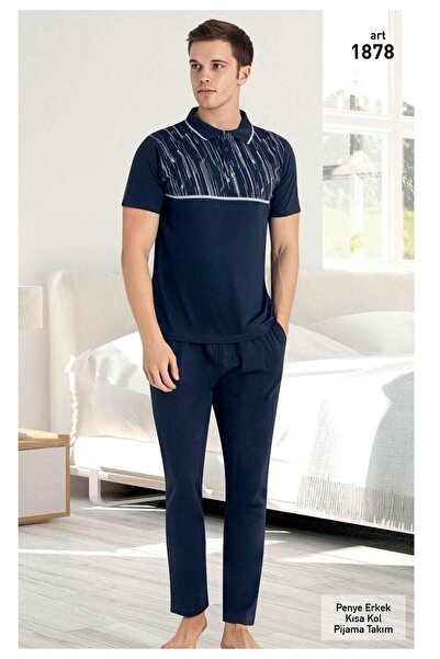 VAJESTO طقم بيجامة رجالي من القطن باللون الأزرق الداكن مع جيوب وأزرار على الي...