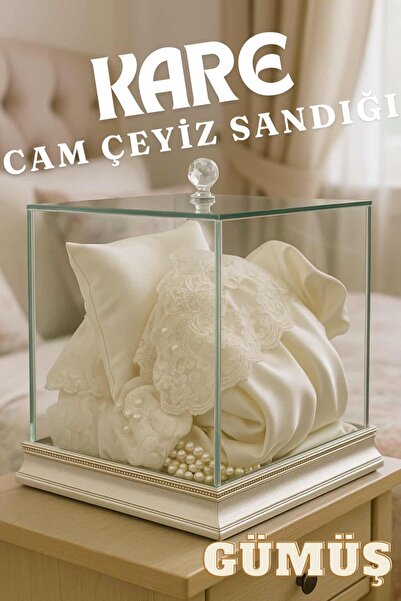 Dantelux Kare Cam Çeyiz Sandığı - Çeyizlik Cam Kutu - Düz Gümüş - Küçük Boy 25x25x20 cm