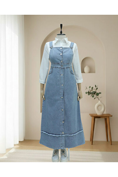 Modamorfo Skirt with Tassel Detail, Buttoned Front, Pocketed Denim Salopet - Ice Blue