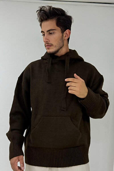 thesunfyre Мъжка тъмнокафява пуловер с качулка и кенгуру джобове