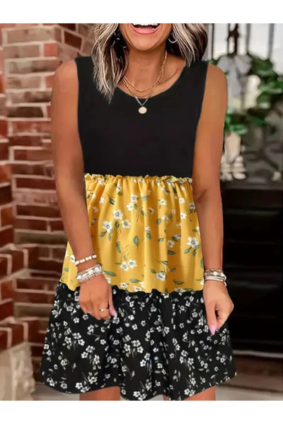 ARONA Mdb Women's Strappy Round Neck Floral Printed Loose Single Jersey Dress