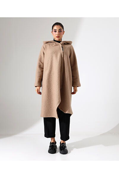 Fi'l Arz Fashion Women's Asymmetrical Zipper Hooded Long Plus Size Coat