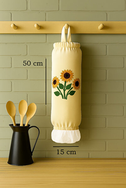 Paris Home Poşetlik Bez Poşet Düzenleyici Organizer - 3D Baskı Çiçek Desenli Lastikli Mutfak Poşetlik Krem