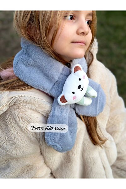 QUEEN AKSESUAR Чоловічий дитячий плюшевий хутряний м'який шарф з іграшкою-ведмедиком, синій
