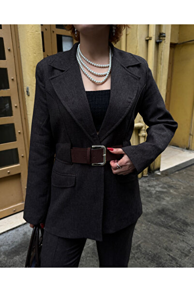 Bak'ap Premium Design Belt Detailed Fitted Waist Blazer Jacket-Spanish Flared Trousers Winter Two-Piece Set