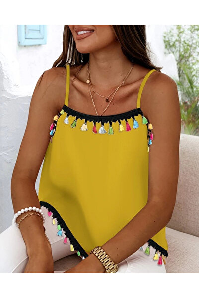 Melek Moda Eyesof Women's Rope Strap Sandy Blouse with Tassel Detail