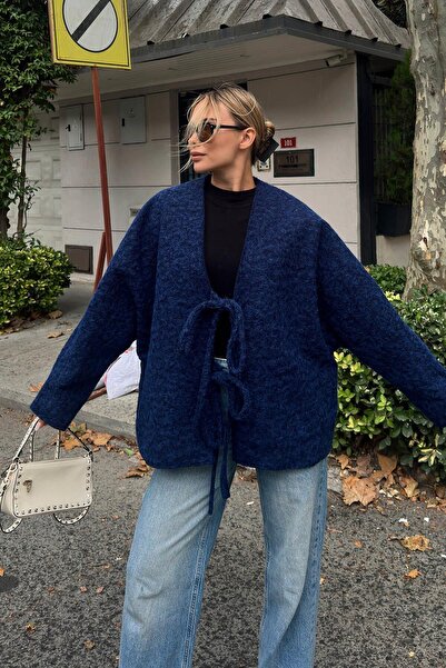 Swist Синій оверсайз жіночий вовняний кашеміровий піджак з деталями у вигляді зав'язок