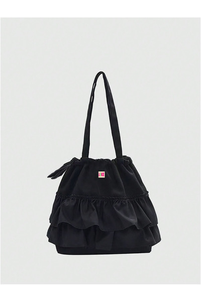 mononoke fırfır detaylı büzgülü siyah kumaş çanta