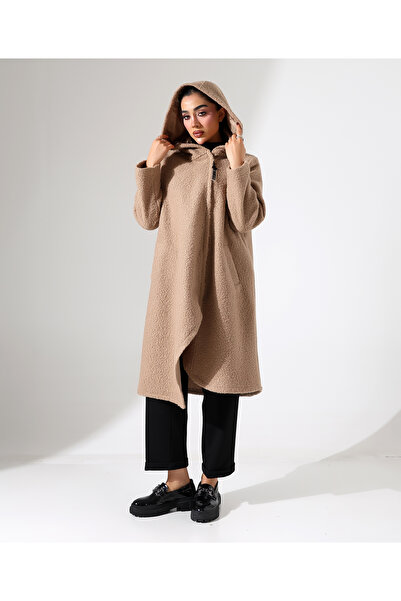 Fi'l Arz Fashion Women's Asymmetrical Zipper Hooded Long Plus Size Coat