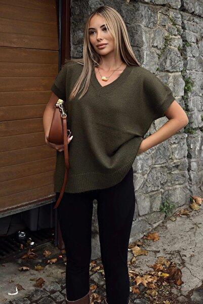 Swist Haki V Yaka Düşük Kol Kadın Triko Süveter