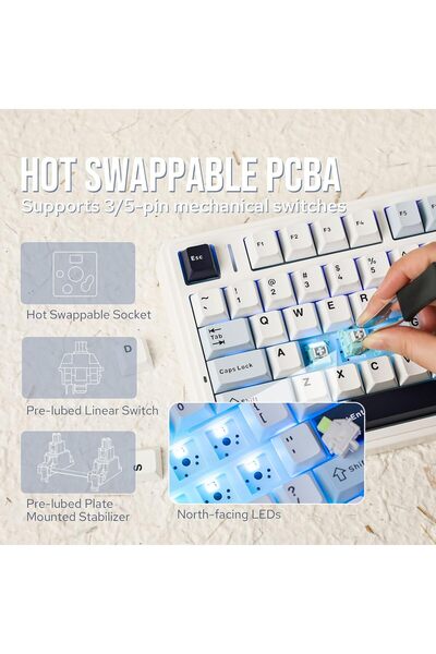 Epomaker لوحة مفاتيح ميكانيكية لاسلكية x AULA F75 75% Gasket، قابلة للتبديل السريع، RGB (أزرق فاتح، LEOBOG