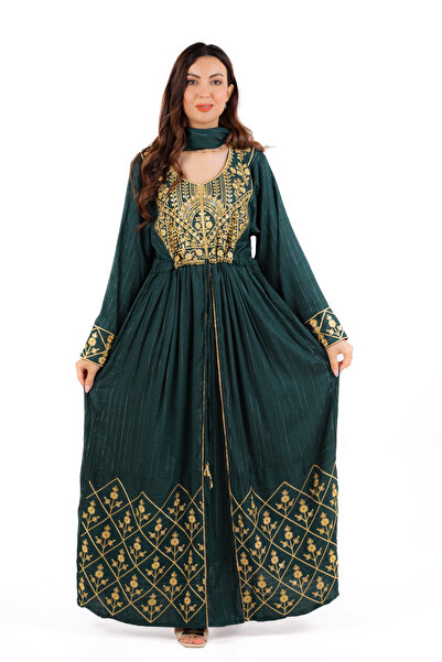 amaan Women's Embroidered Modern Jalabiya Dress Long Sleeve Arabic Design wit...
