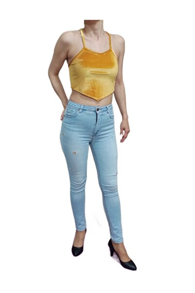 Nadom Hardal Renk Kadife Asimetrik Kesim Çapraz Askılı Crop