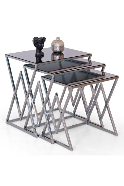 Mobievim Berlin Gümüş Metal Ayaklı Füme Aynalı Zigon Sehpa – 3’lü Modern Deko...