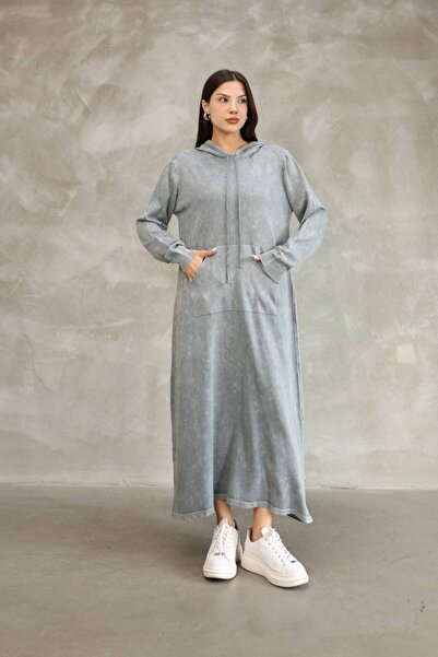 AYASOFYA OTANTIK Rochie lungă din tricot cu mânecă lungă din bumbac, gri, cu glugă, cu buzunar cangur, cu detalii învechite