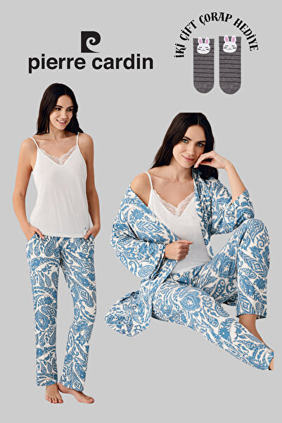 Pierre Cardin Kadın 3'lü Lisanslı Yumuşak Doku Sabahlıklı Desenli Pijama Takımı 2 Çift Çorap Hediye