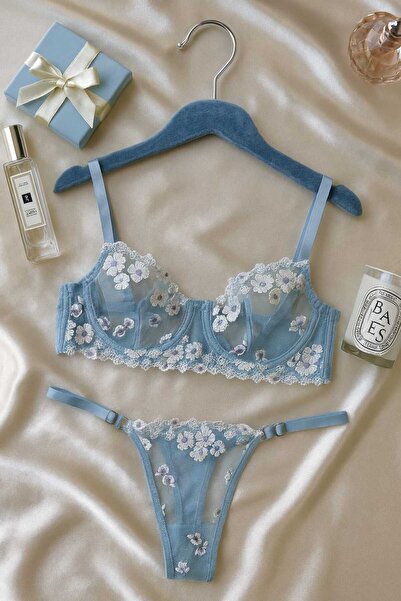 hepimiz alalım Plavi cvetni izvezeni T Proziran D Čipka grudnjak i set tangi