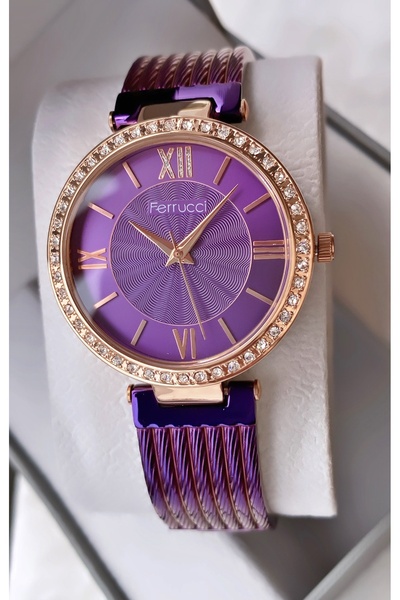 Ferrucci Kadın Kol Saati Mor Çelik Kordon Orijinal 2 Yıl Garantili Hediye Bileklikli