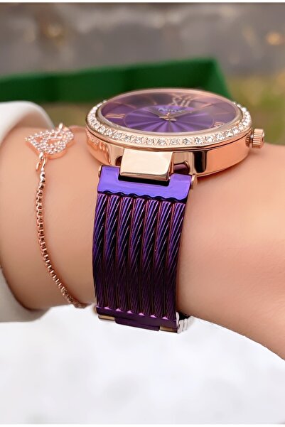 Ferrucci Kadın Kol Saati Mor Çelik Kordon Orijinal 2 Yıl Garantili Hediye Bileklikli