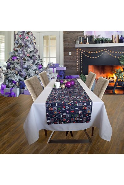 Kotonia Home Napron Winter 05 - 45x180 cm, 100% cotton, blue with Christmas motifs