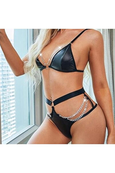 Margoun Sexy Lingerie Set Leather Bra and Panty Set Two Piece Ladies Underwear Naughty Play Sexy Cha