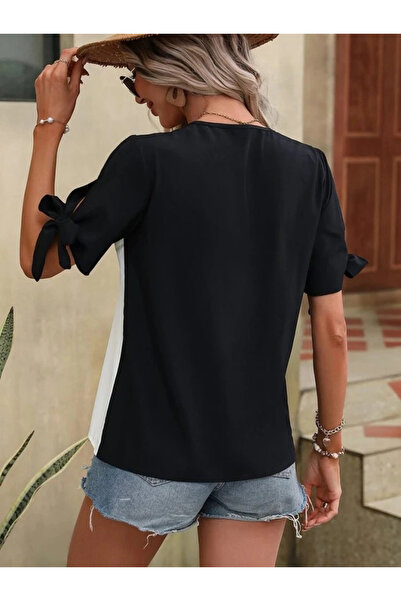 ARONA Women's Short Sleeve Tie-Up Front Asymmetric Cut Double Color Detailed Buttoned Imported Crepe