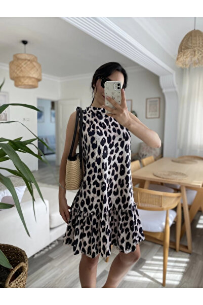 ARONA Mdb Women's Sleeveless Tie Back Ruffle Leopard Print Single Jersey Dress