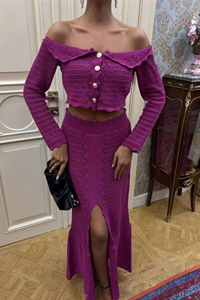 Lijuri Mdb Madonna Collar Deep Slit Skirted Stylish Knitwear Set 10099