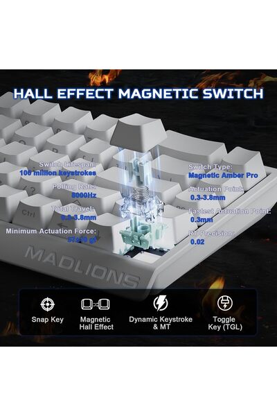 YUNZII MAD68 HE Rapid Trigger Magnetic Mechanical Gaming Keyboard (White, Magnetic Amber Pro Switch)