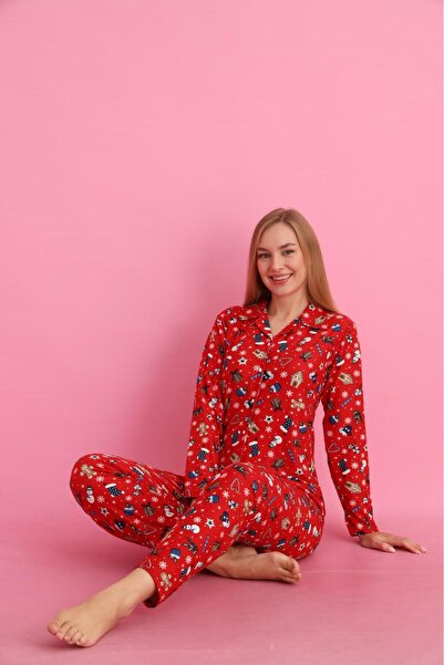 Free Beka New Year Patterned Long Sleeve Button Front Shirt Collar Women's Pajama Set
