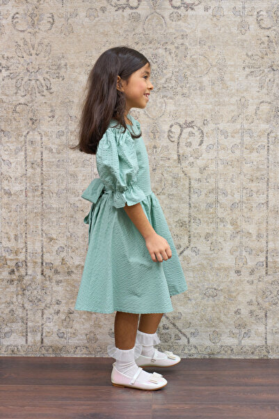 KÜÇÜĞÜM BUTİK Girl's Green Seersucker Watermelon Sleeve Flared Dress