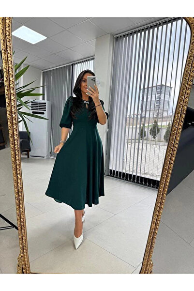 MODA Γυναικείο φόρεμα με κοντό μανίκι MDB με φιόγκο και καρφίτσα Midi Janjan Crepe