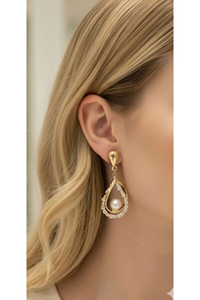 bettin tasarım Altın Renk Zirkon Taşlı İncili Damla Model Kadın Abiye Bijuteri Küpe Paslanmaz Çelik Kararmaz Takı