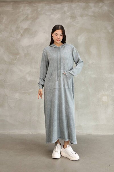 AYASOFYA OTANTIK Rochie lungă din tricot cu mânecă lungă din bumbac, gri, cu glugă, cu buzunar cangur, cu detalii învechite